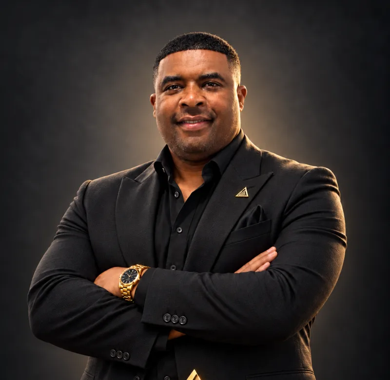 Chad Robinson, founder of Architect Brand Management, in a black suit with arms crossed